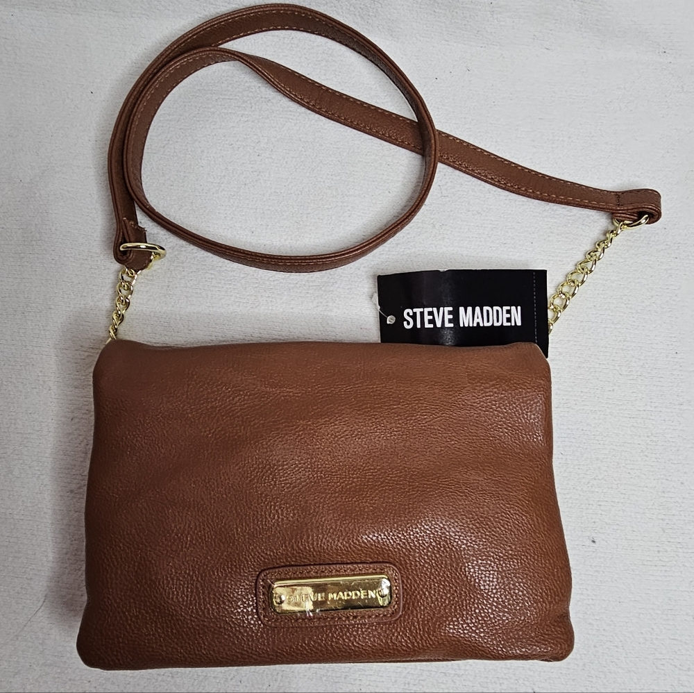 Steve Madden Tan Leather Crossbody with Gold Chain